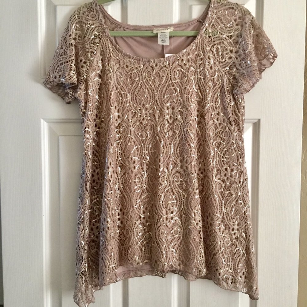 Elegant lacy sequined top - tan, medium
